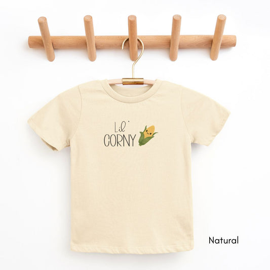 Lil' Corny YOUTH Short Sleeve Tee | Funny Vegetable Tshirt | Veggie Pun Shirt | Goofy Farmer's Market T-shirt | Silly Homesteading Tee