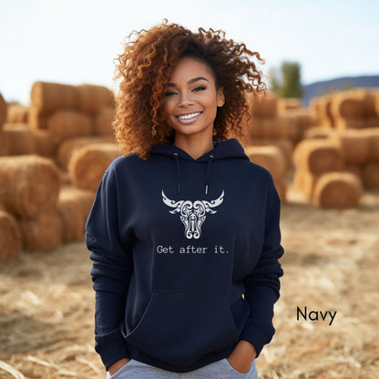 Get After It Unisex Heavy Blend™ Hooded Sweatshirt | Motivational Sweatshirt | Bull | Grab life by the horns