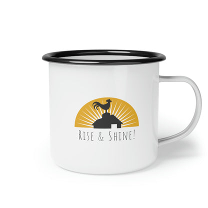 Rise & Shine Enamel Camp Cup | Farm Life Coffee Mug | Rooster Mug | Barn Morning Coffee Mug| Camping Coffee Cup