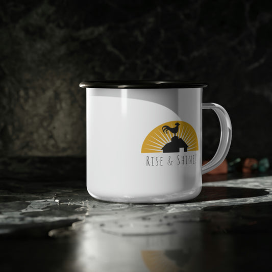 Rise & Shine Enamel Camp Cup | Farm Life Coffee Mug | Rooster Mug | Barn Morning Coffee Mug| Camping Coffee Cup