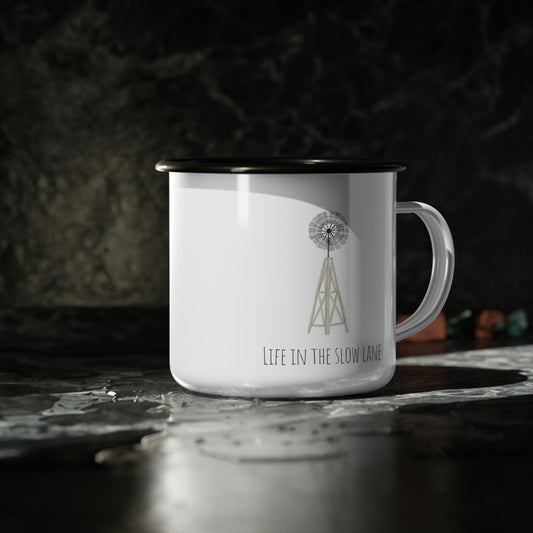 Life in the Slow Lane Enamel Camp Cup | Farm Life Coffee Mug | Windmill Mug | Camping Coffee Cup