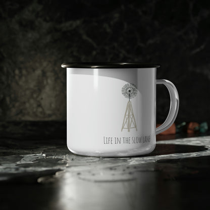 Life in the Slow Lane Enamel Camp Cup | Farm Life Coffee Mug | Windmill Mug | Camping Coffee Cup