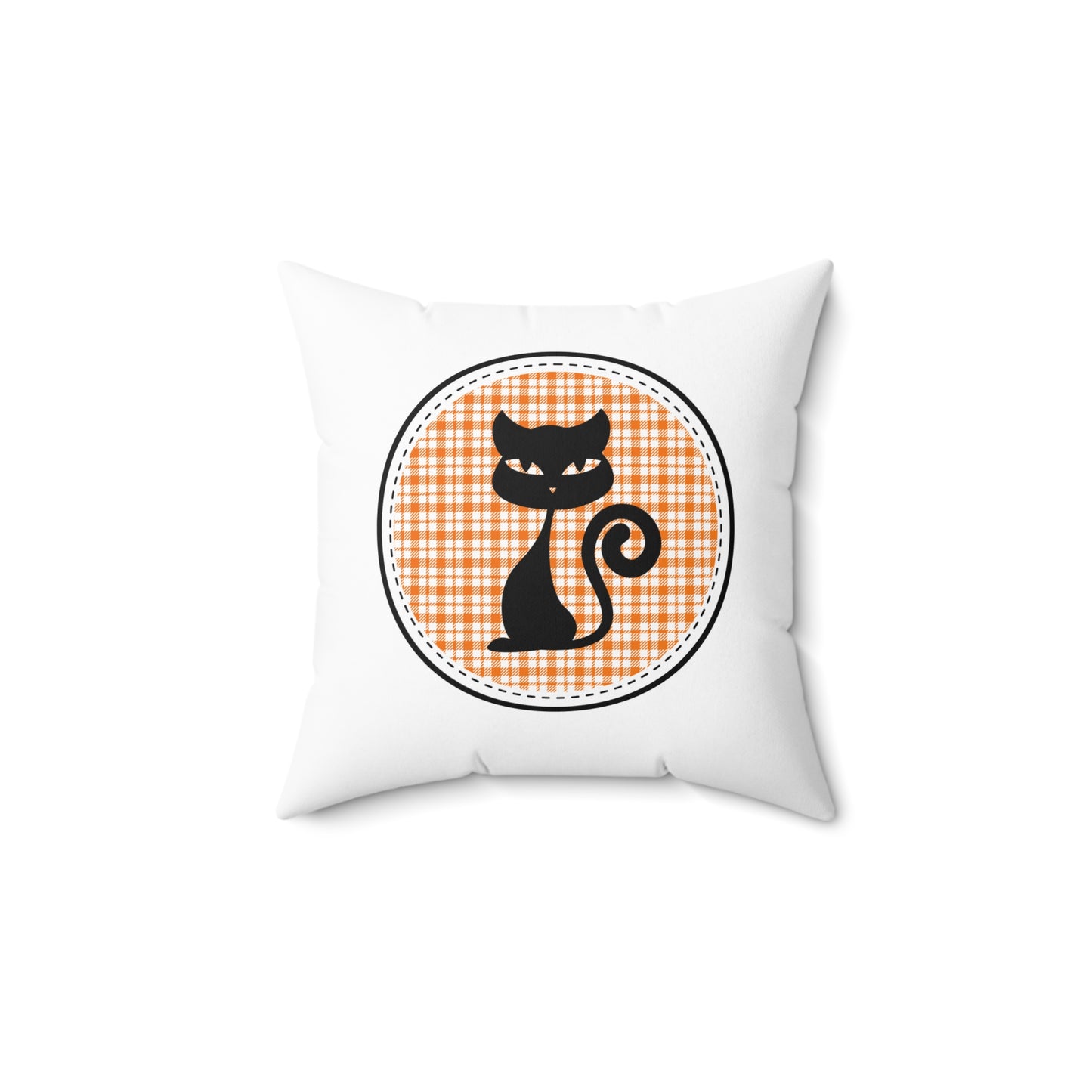 Cute Spooky Black Halloween Cat Pillow - Farmhouse Decor Pillow Halloween Decor Housewarming Gift Throw Pillow | Gingham Plaid Square Pillow