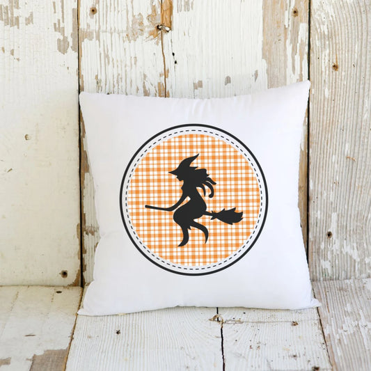 Gingham Plaid Halloween Witch Pillow - Farmhouse Decor Halloween Decor Housewarming Gift Throw Pillow Orange Gingham Plaid Square Pillow