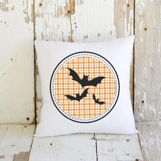 Cute Spooky Halloween Bats Pillow - Farmhouse Decor Pillow | Halloween Decor| Housewarming Gift | Orange & Black Gingham Plaid Throw Pillow