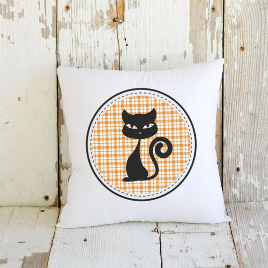 Cute Spooky Black Halloween Cat Pillow - Farmhouse Decor Pillow Halloween Decor Housewarming Gift Throw Pillow | Gingham Plaid Square Pillow