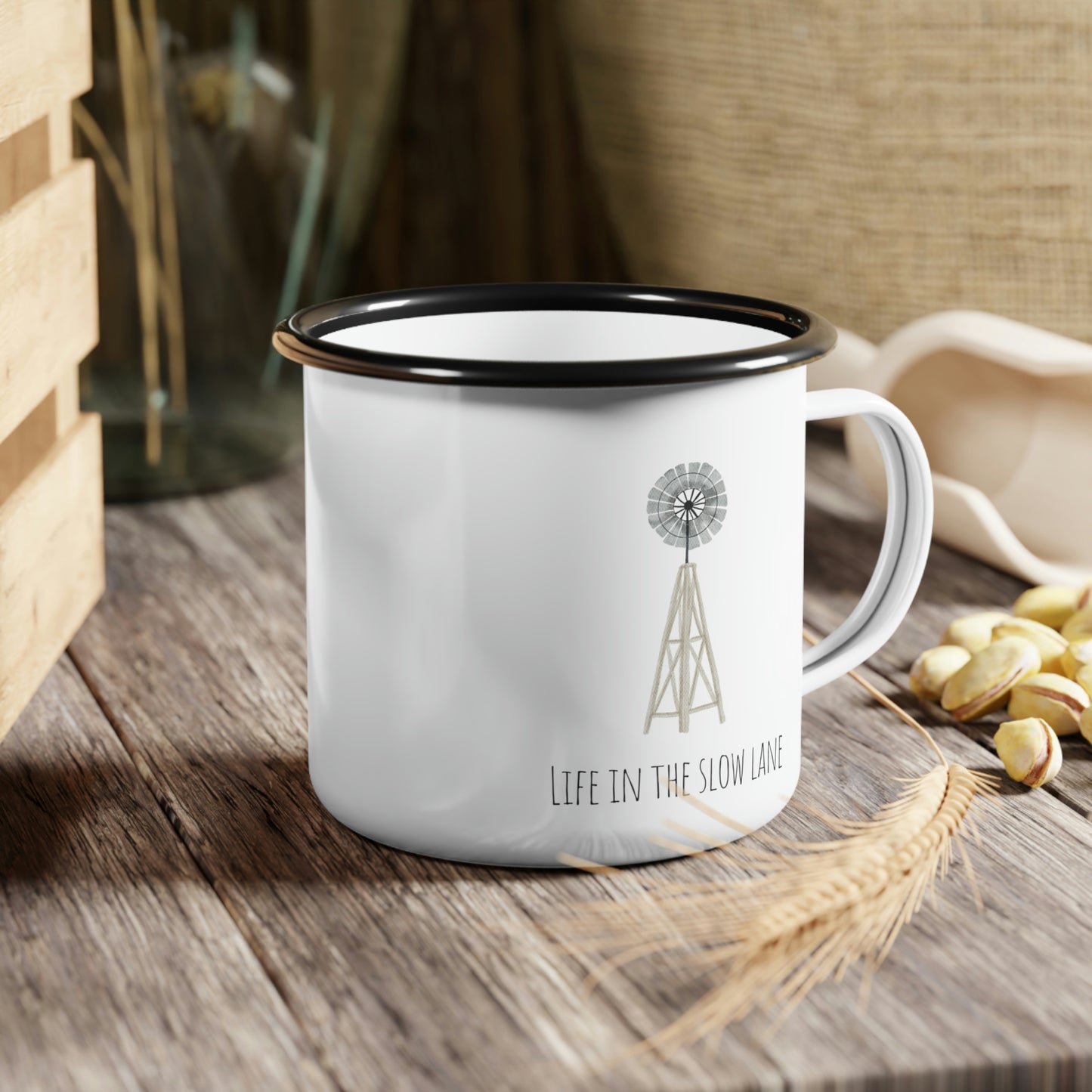 Life in the Slow Lane Enamel Camp Cup | Farm Life Coffee Mug | Windmill Mug | Camping Coffee Cup