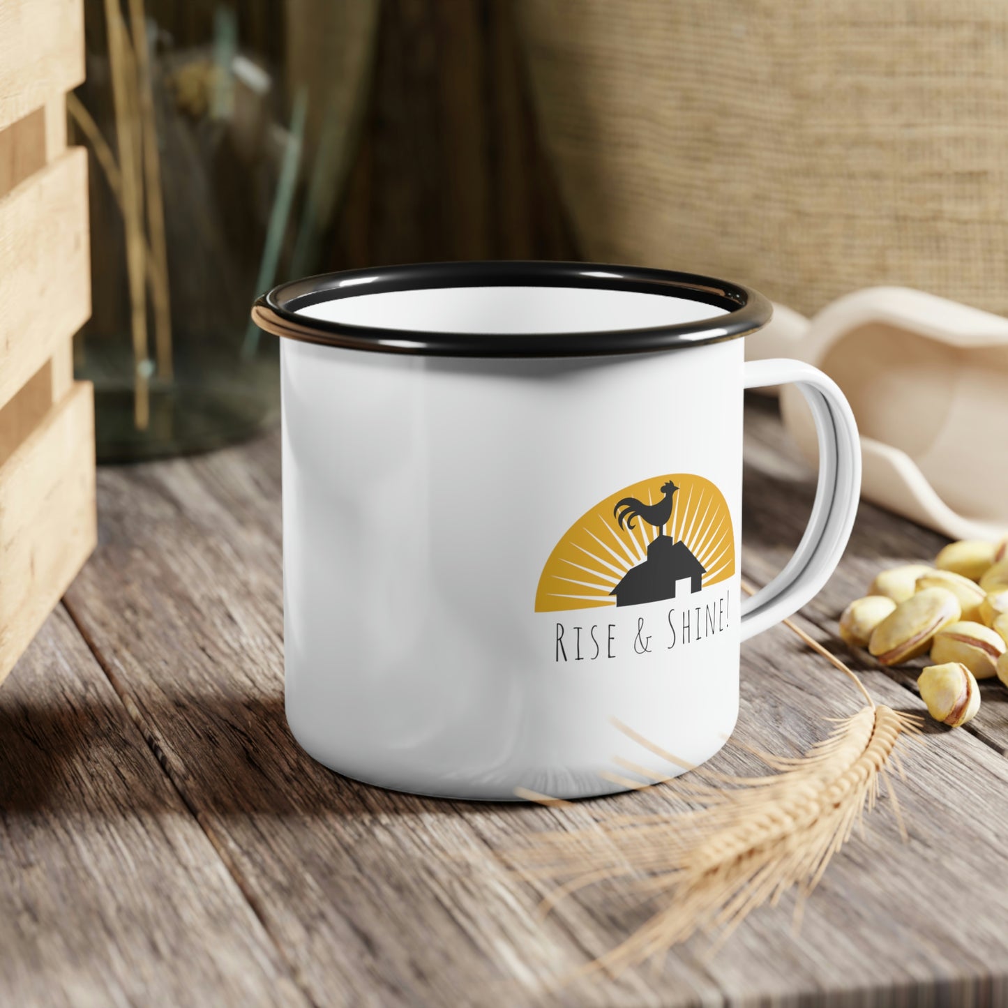 Rise & Shine Enamel Camp Cup | Farm Life Coffee Mug | Rooster Mug | Barn Morning Coffee Mug| Camping Coffee Cup